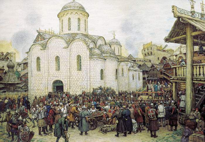 Moscou se défend contre le Khan Tokhtamych en 1382, tableau d'Appolinari Vasnetsov 1918